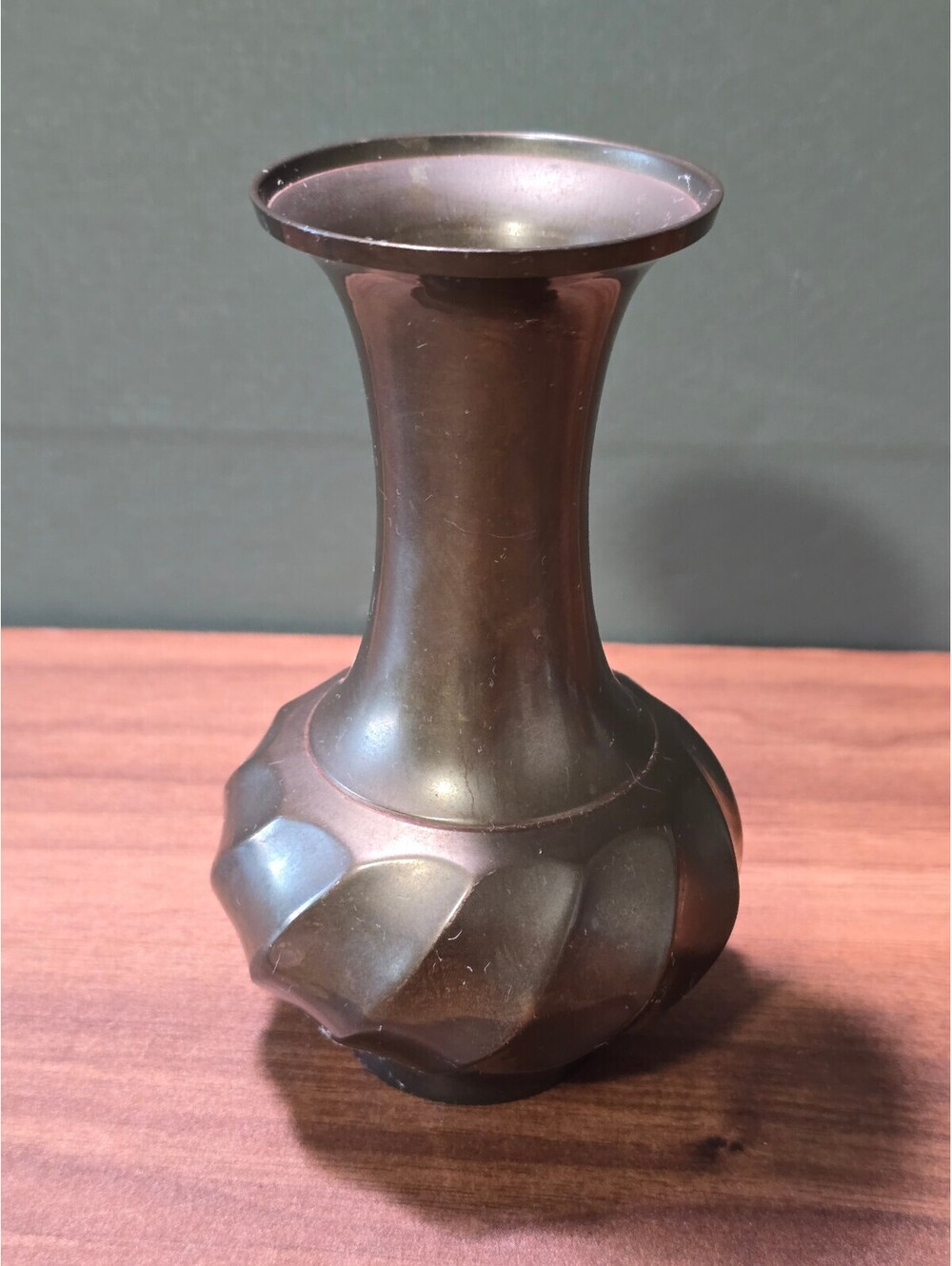 Vintage Brass Bud Vase Flared Rim Ribbed Baluster Etched Base Trumpet Urn 6.5"